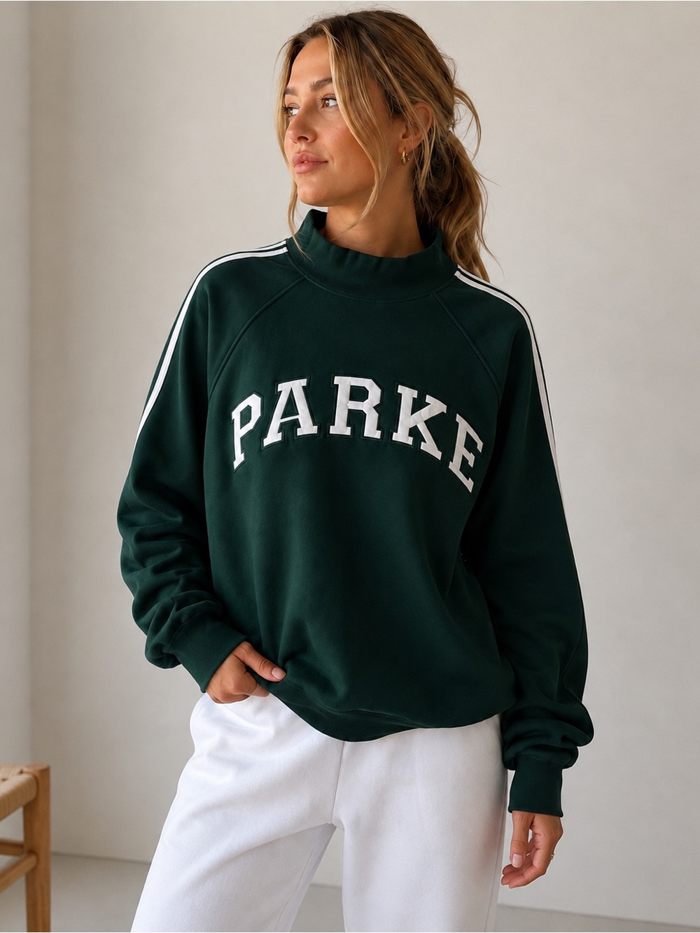 PARKE Sport Stripe Mock Neck Sweatshirt Forest Green L/XL NWT